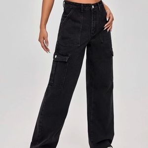 Jet Black straight leg cargo pants high waisted